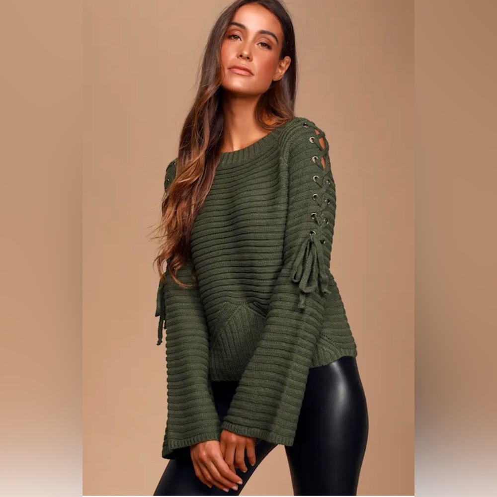 Lulus Olive Green Lace Up Long Sleeve Sweater NWT size M